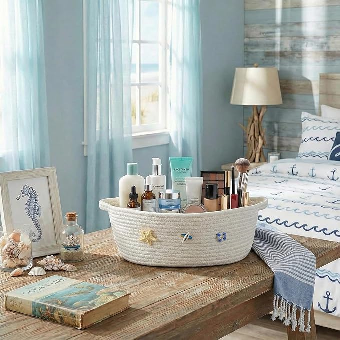 Remerry Boho Coastal Toilet Paper Storage Basket, Cute 3D Starfish Ocean Decor Cotton Rope Bathroom Storage Basket, Beach Bathroom Organizer Bin for Toilet Tank Counter Shelf Nursery, 12 x 8 x 5 Inch