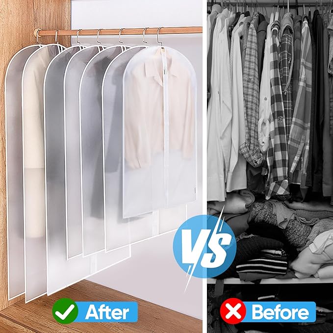 BALEINE 60'' Translucent Garment Bags, 6 Packs PEVA Dress Bag for Closet Clothes Dresses Suit Coats Storage (Black, 6PK)