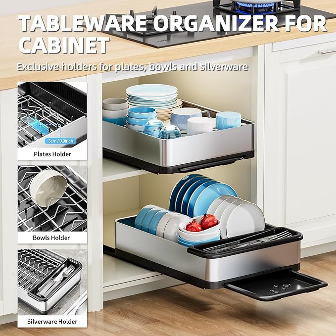 Ewaiira Dish Drying Rack, 304 Stainless Steel Dish Racks for Kitchen Counter, Space Saving Kitchen Organizer (1-Tier Black Pull Out Dish Rack)