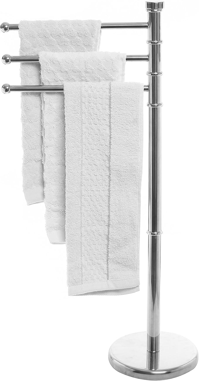 MyGift 38 Inch Silver Metal Freestanding Towel Rack for Bathroom, Bath Towel Stand with 3 Swivel Arms and Sturdy Round Base, Standing Towel Rack, Hand Towel Holder