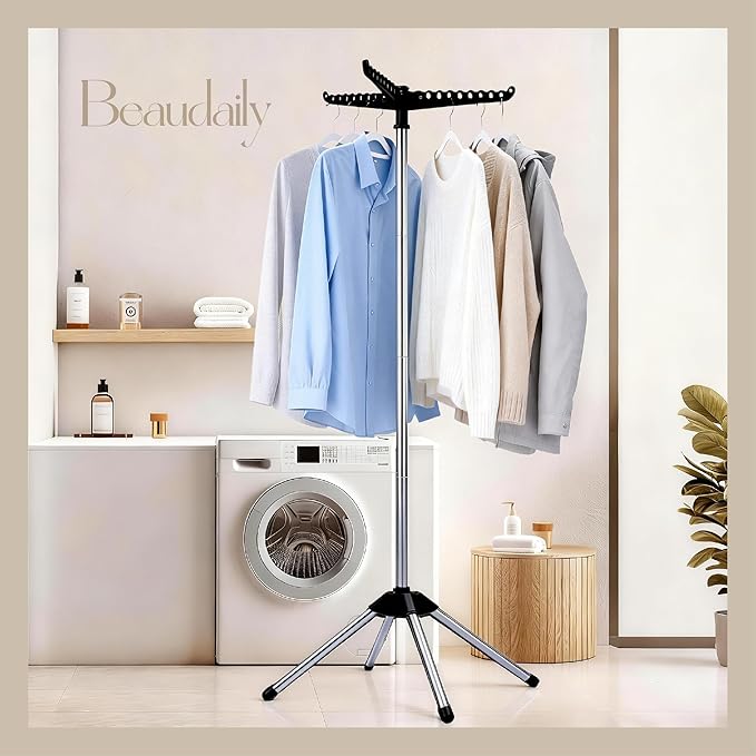 Beaudaily Clothes Drying Rack, Foldable Laundry Drying Rack, Indoor 59-Inch Drying Rack Clothing with 3 Rotatable Arms, Stainless Steel, Holds 27 Pieces, Space Saving, Portable, Black and Silver
