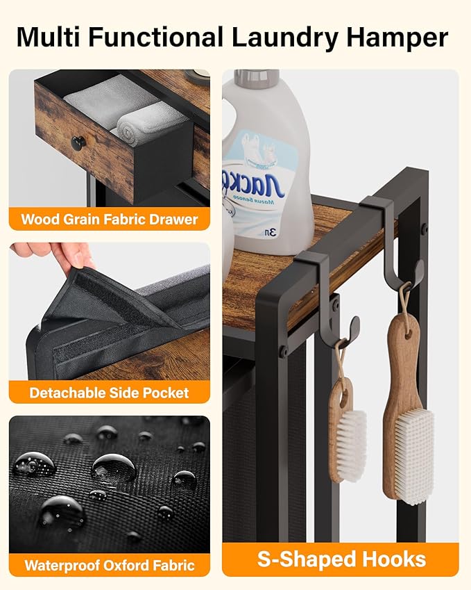 Laundry Hamper Basket 2 Section : Rolling Laundry Sorter Organizer with Wheels - Clothes Hamper with Shelf Drawers Oxford Bags - Clothes Basket for Laundry Room Bathroom Bedroom