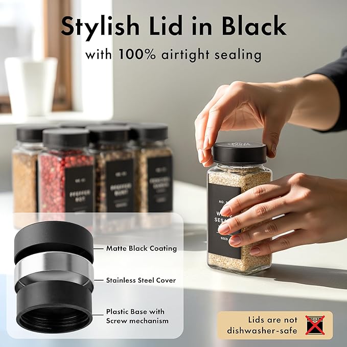 Glass Spice Jars with Label and Black Lids (36 x 4oz) Spice Containers with 240 Labels, Shaker Inserts, Steel Funnel, Empty Square Empty Square Seasoning Organizer
