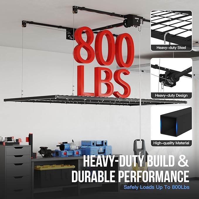 Overhead Garage Storage Rack Lift, 4x8 ft Ceiling Mounted Storage Racks, 12FT Max Adjustable Height, 800lbs Weight Capacity, Heavy-Duty Metal Ceiling Rack for Organization