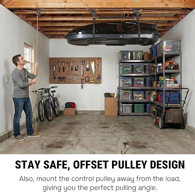 Cargo Box Hoist for Garage Ceiling with Metal Pulley System Holds 150 lbs, 5.5" Low-profile Rooftop Carrier Storage Lift, Parallel or Perpendicular Mounted