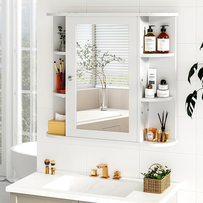 Bathroom Medicine Cabinet with Mirror, Wall Mounted Home Storage with Door, Over The Toilet Space Saver Storage Cabinet, Bathroom Cabinet Wall Mounted, White