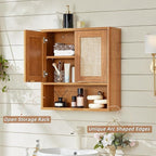 LEYAOYAO Rattan Bathroom Wall Cabinet, Boho Medicine Cabinet with Adjustable Shelf & Doors, Over The Toilet Storage Cabinets Organizer for Laundry Room, Kitchen, Living Room, Tea Brown