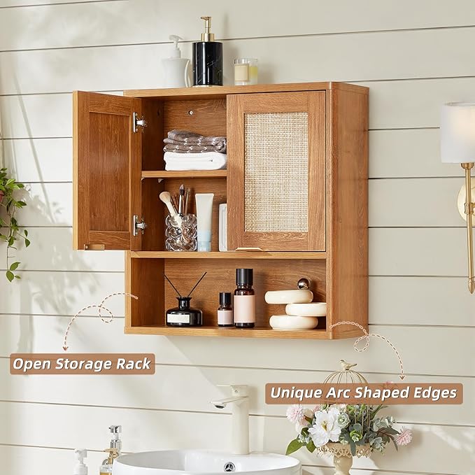 LEYAOYAO Rattan Bathroom Wall Cabinet, Boho Medicine Cabinet with Adjustable Shelf & Doors, Over The Toilet Storage Cabinets Organizer for Laundry Room, Kitchen, Living Room, Tea Brown