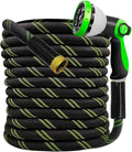 Garden Hose 25 FT, NON-EXPANDABLE Heavy-Duty Flexible & Lightweight Water Hose with 10-Function Nozzle, No-Kink, Leak-Proof Super Fabric, Solid Fittings for Lawn, Car, Outdoor (Black Green)