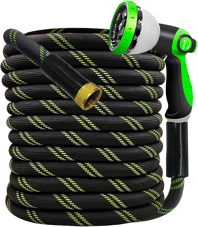 Garden Hose 50 FT, NON-EXPANDABLE Heavy-Duty Flexible & Lightweight Water Hose with 10-Function Nozzle, No-Kink, Leak-Proof Super Fabric, Solid Fittings for Lawn, Car, Outdoor (Black Green)