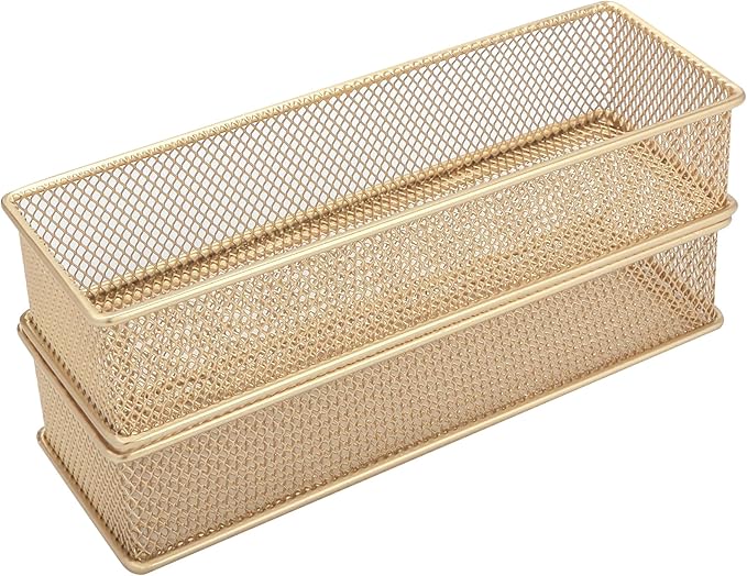 Annova Mesh Stackable Drawer Cabinet and Shelf Organizer Bins Storage Basket School Office Supply Holder Tray- Set of 2 (Gold, 3x9x2 Inch)