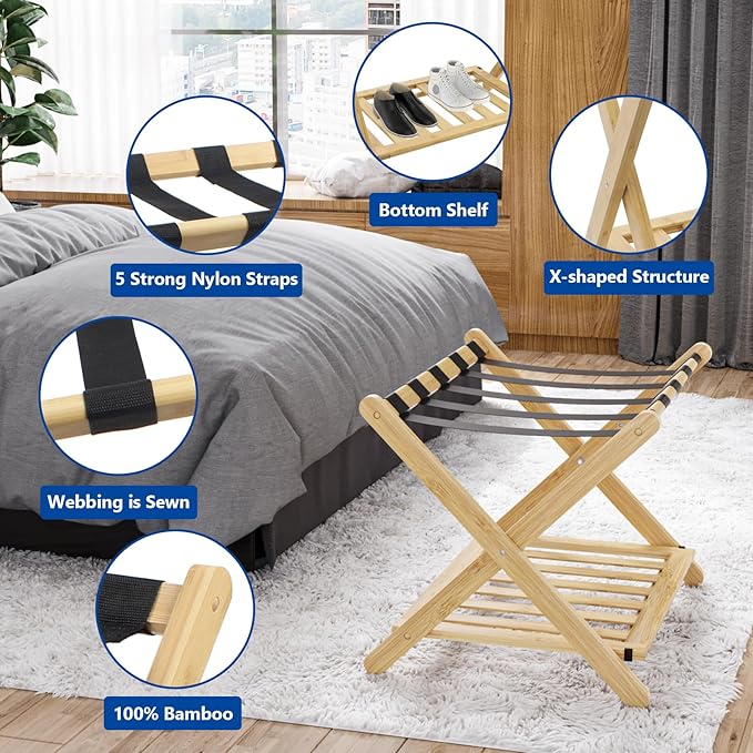 Smuxee Fully Assembled Luggage Rack for Guest Room, Upgraded Bamboo Foldable Suitcase Stand with 5 Nylon Straps, Nature Luggage Holder with Shelf for Bedroom Hotel