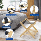 Smuxee Fully Assembled Luggage Rack for Guest Room, Upgraded Bamboo Foldable Suitcase Stand with 5 Nylon Straps, Nature Luggage Holder with Shelf for Bedroom Hotel