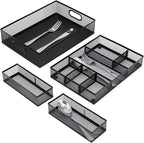 Neudeco Desk Drawer Organizer with 6 Adjustable Dividers, Metal Mesh Pen Organizer for Desk Drawer, Office Supplies Tray (Pack of 4, Black)