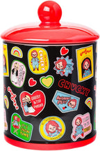 Silver Buffalo Chucky and Tiffany Sticker and Badges Pattern Ceramic Cookie Snack Jar (Large)