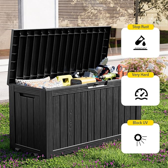 90 Gallon Outdoor Waterproof Resin Storage Deck Box Lockable Outside Bench UV Resistant Bin Patio Porch Furniture Pool Float Garden Tool Cushion Black
