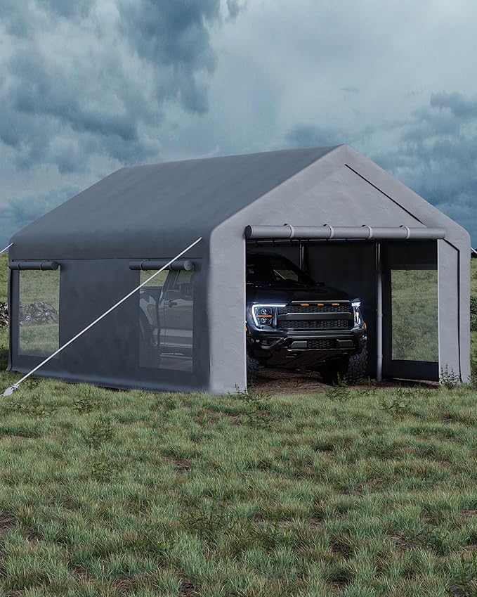 Garvee 10x20 ft Portable Garage, Car Port with 200 g PE Tarp Canopy, with 2 Roll-Up Doors and 4 Windows, for Temporary Paint Booth, Boats&Pickups Shed, and Event Shelter, Gray