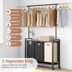Laundry Basket With Wheels, Wood Shelf, Laundry Sorter With Retractable Hanging Bar, Laundry Hamper 3 Section, 3 × 13 Gal (49.2 L), Rolling Laundry Hamper With Hanging Rack For Laundry Room