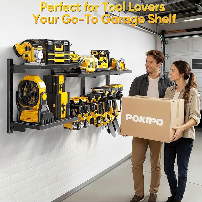 Large Modular Power Tool Organizer Wall Mount With 6 Adjustable Shelf, Heavy Duty Iron Tool Storage Rack Loads 300lbs with 8 Cordless Tools Drill Holder,Battery Utility Rack for Garage Workshop
