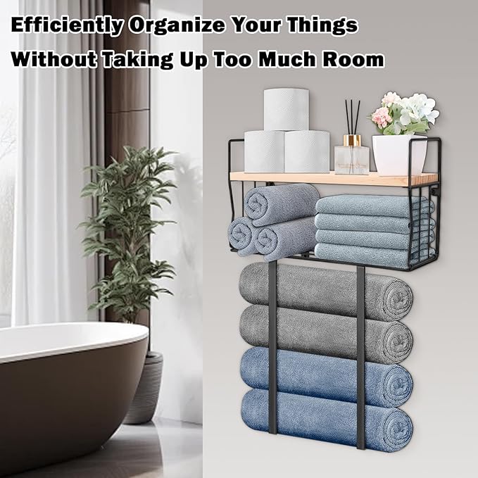 Livabber Towel Racks for Bathroom, Metal Towel Storage Holder for Roll Towels, Wall Mounted Towel Organizer with Storage Basket and Wooden Shelf for Small Spaces (Black)