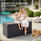 YITAHOME 110 Gallon Outdoor Deck Box, Waterproof Resin Storage Box with Lock, Lockable Patio Furniture Bin, 2-Person Bench Seating for Outdoor Cushions, Garden Tools & Sports/Pool Supplies, Dark Gray