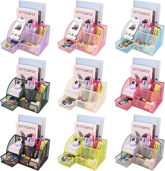 Boutilon Mesh Desk Organizer Desktop Office Supplies Stationary Organizer with 6 Compartments and 1 Drawer Multi-Functional Caddy Pen Holder for Home Office School Desk Decor(Beige)