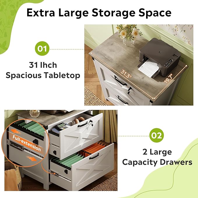 DEVAISE 2 Drawer Farmhouse File Cabinet with Lock, Lateral Filing Cabinet for Letter/Legal/A4 Size, Wood Printer Stand for Home Office, White