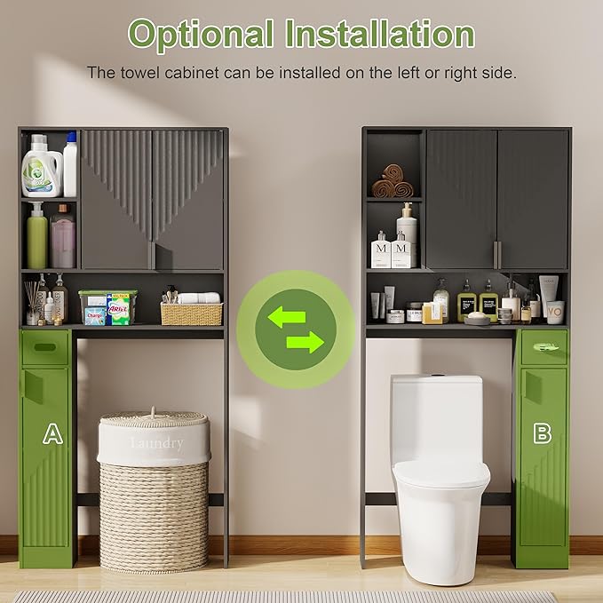 GOODONE Black Over The Toilet Storage Cabinet - with 3 Doors and Toilet Paper Holder Stand, FreeStanding, for Bathroom, Restroom, Laundry