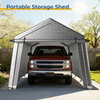 10 x 15 FT Carport, Portable Shed w/220G Heavy Duty Waterproof PE Tarp, Roll-up Zipper Door & Vent, Weather-Resistant Storage Shed for Motorcycle, Bike, ATV and Tools, Gray