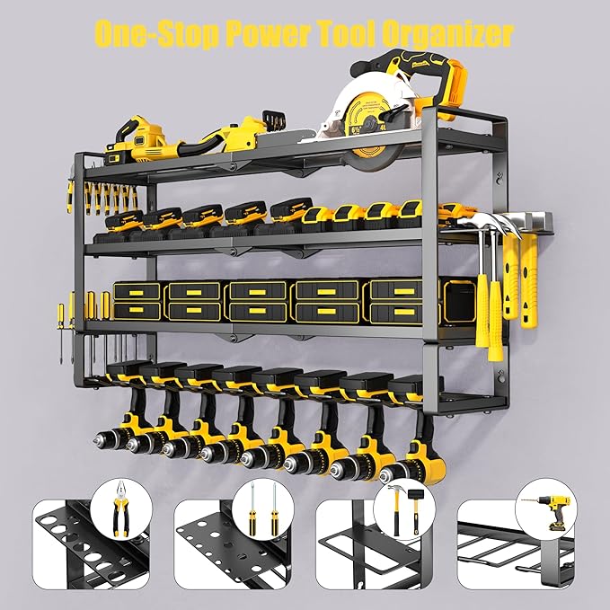 Large Power Tool Organizer Wall Mount, 4-Tier Heavy Duty Metal Storage Rack Loads 400lbs, Battery Tools Hanger with 8 Cordless Drill Holder for Garage, Workshop, Pegboard, Shed