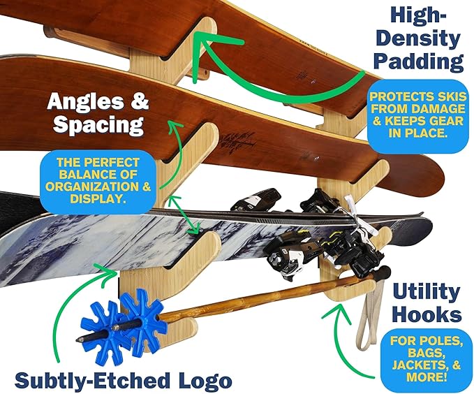 Grassracks Wall Ski Rack - Bamboo Wall-Mounted Ski Storage and Premium Ski Display Hallsteiner Series Indoor Ski Wall Mount (2 or 3 Pairs of Skis, Bamboo)
