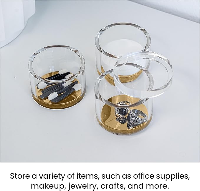 OfficeGoods 3-Tier Stackable Acrylic Holder- Stylish Desk Organizer and Storage for Office or Home – Transparent Round Design with Gold Metal Base