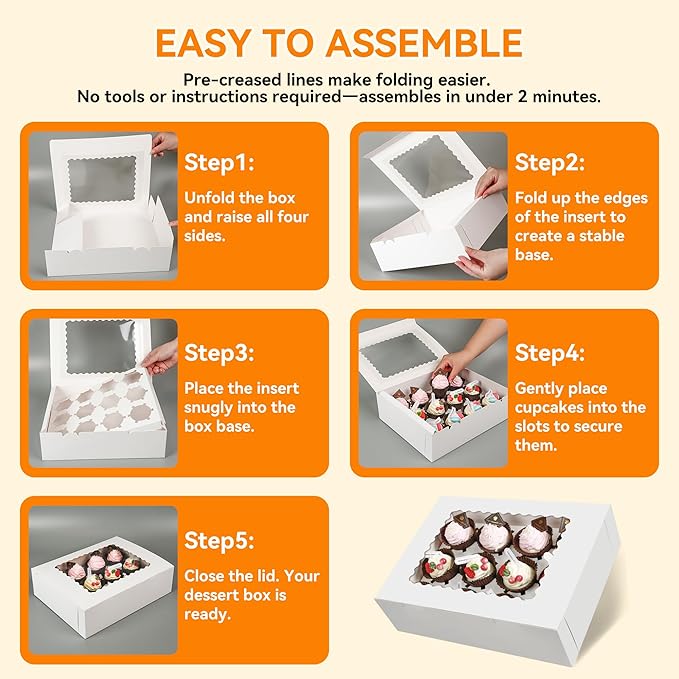 3-Set Cupcake Boxes Bulk with Clear Display Window Hold 12 Standard Cupcakes, Disposable Food Grade White Cupcake Carrier Cupcake Container, Perfect for Cupcakes Muffins Cookies Pastries