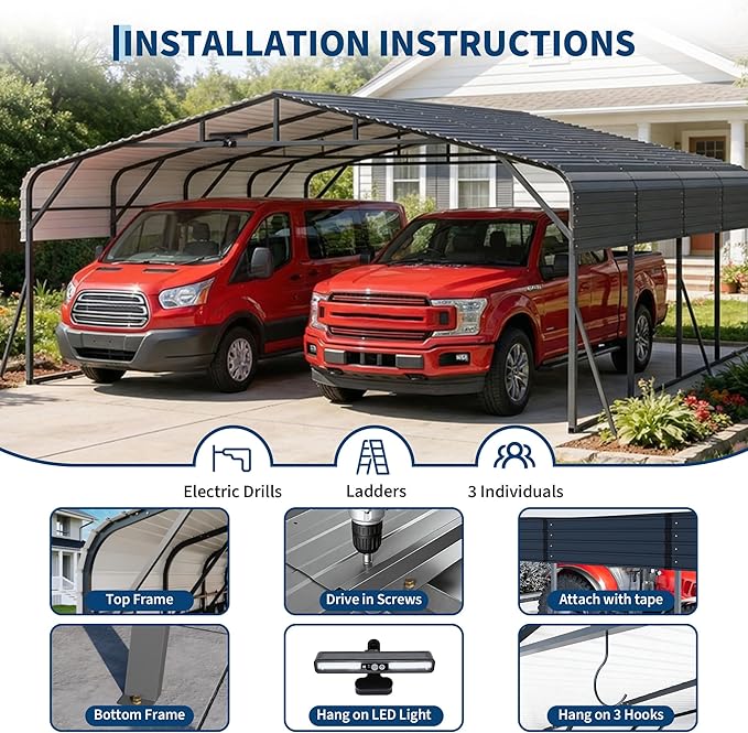 20x20FT Heavy Duty Metal Carport w/Led Light,Outdoor Portable Car Garage,Reinforced Base & Galvanized Steel Roof, Outdoor Car Port Canopy Shelter for Boats, Full-Sized Pickup Trucks