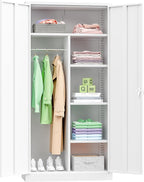 INTERGREAT Metal Wardrobe Closet, 72" Locking Storage Wardrobe Cabinet with Doors and Shelves, 18" D x 36" W Steel Clothes Storage Cabinets for Office, Home, School, Gym（White）