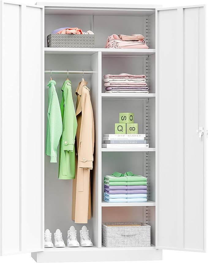 INTERGREAT Metal Wardrobe Closet, 71" White Locking Storage Wardrobe Cabinet with Doors and Shelves, Tall Steel Clothes Storage for Office, Home, School, Gym