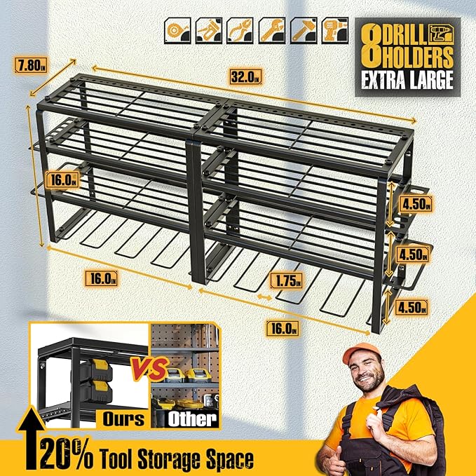 Power Tool Organizer Wall Mount, Heavy Duty 420LB with 8-Slot Drill Holder - All-in-One Garage Storage for Workshop, Christmas Gift for Men, Dad, DIYers, 15 Min Quick Assembly