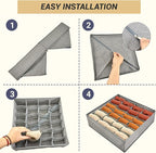 4 Pack 96-Cell Fabric Sock Organizer and Tie Organizer For Men - Fabric Foldable Drawer Divider for Socks, Underwear, Ties and Belts - Foldable, Multi-Cell Design, Space-Saving (Grey)