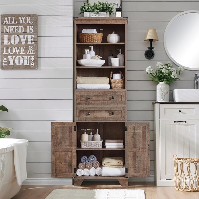 ACCOHOHO Farmhouse Bathroom Cabinet, 72" Tall Storage Cabinet with 2 Drawers, Adjustable Shelves & Barn Door, Cabinets for Bathroom, Living Room, Kitchen, Rustic Brown