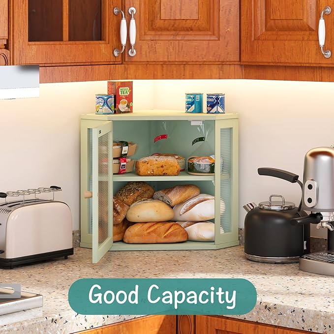 Corner Bread Box for Kitchen Countertop, Bamboo Wood Large Capacity Bread Storage Bin with Acrylic Wavy Door Panel, Green