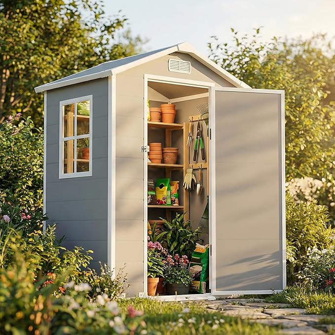 4x3 FT Outdoor Storage Shed, Resin Shed with Sloped Roof and Rain Holes, Storage Shed with Lockable Door and Transport Ramp, with Window＆Vent,Suitable for Backyard, Garden, Patio, Lawn, Gray