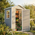 4x3 FT Outdoor Storage Shed, Resin Shed with Sloped Roof and Rain Holes, Storage Shed with Lockable Door and Transport Ramp, with Window＆Vent,Suitable for Backyard, Garden, Patio, Lawn, Gray