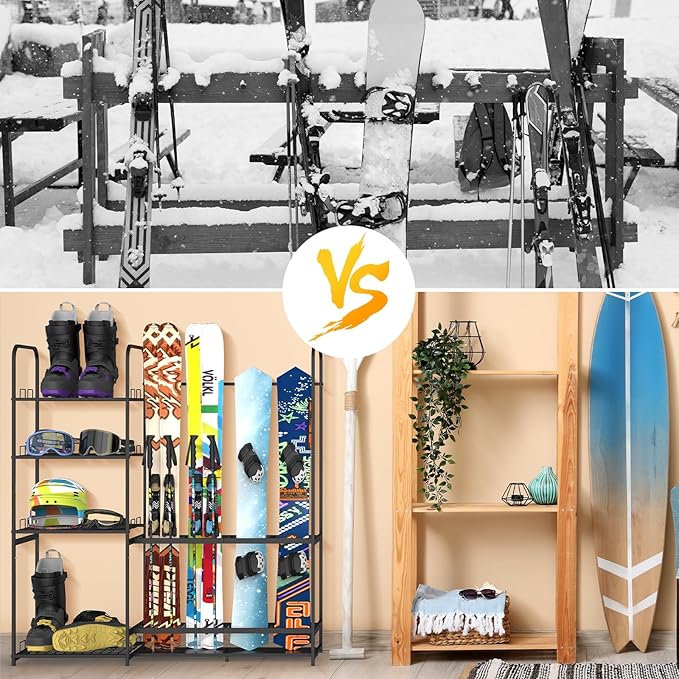 Freestanding Ski Rack for Garage - Stores 4 Pairs of Skis, Adjustable Ski Boot Holder, Organizes Skis, Boots, Poles, Goggles, Helmets & Gear, Ideal for Garage, Shed, Basement, Ski Enthusiasts