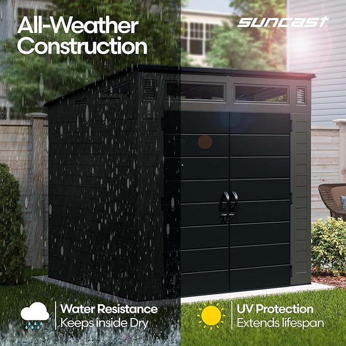 Suncast Modern Outdoor Storage Shed, 200 cu. ft. Peppercorn Resin Shed for Lawn Mower, Bikes, Utility Tools, Patio, & Yard. Weatherproof & Lockable Modern Sheds & Outdoor Storage, Made in USA