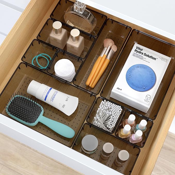 7 PCS Clear Plastic Drawer Organizers Set, 4 Size Desk Drawer Organizer Trays for Makeup, Jewelry, Kitchen Utensils, Gadgets and Office Accessories, Black