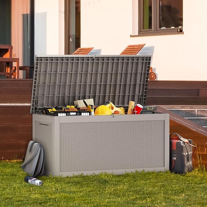 267 Gallon Deck Box Large Outdoor Storage Box Waterproof for Patio Furniture,Outdoor Cushions,Garden Tools and Pool Supplies,Weatherproof(Grey,267Gallon)