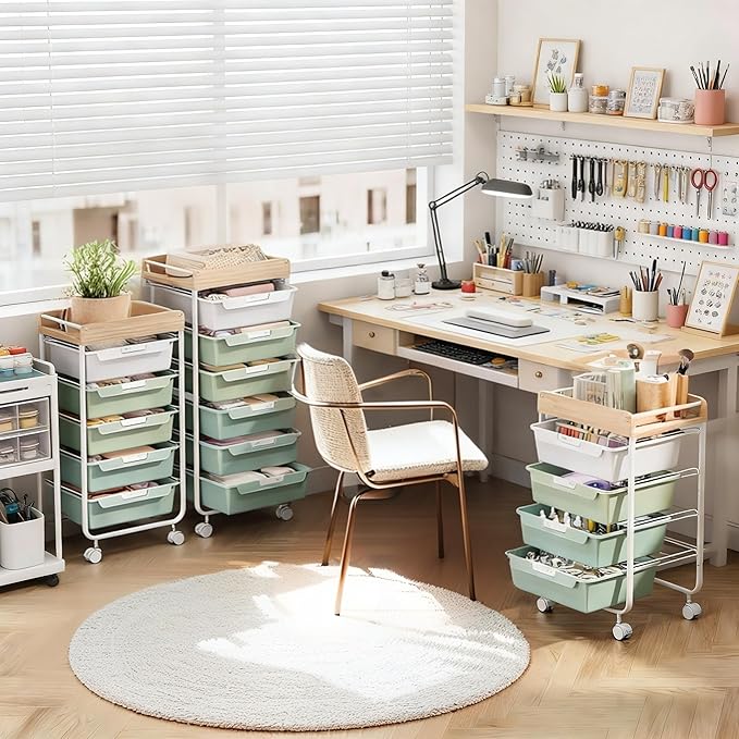 Rolling Craft Storage Cart with 4 Drawers,Utility Cart with Drawers,Art Craft Organizers and Storage,Kids Craft Cart,Kids Art Cart With DIY Lable and Wooden Tabletop Area,Green