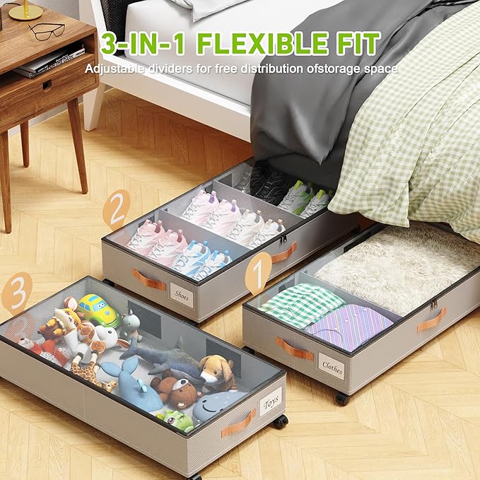 Under Bed Storage with Wheels, 2 Pack Under Bed Storage Containers with Dividers & Clear Lids, Under the bed storage Organizer Bins,Underbed Storage with Wheels for Clothes,Toys,Shoes (GREY)