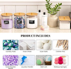 2 Pack Glass Laundry Pods Container, Clear Laundry Room Organization Containers with Lids & Labels, Powder Laundry Detergent Container for Scent Booster, Powder