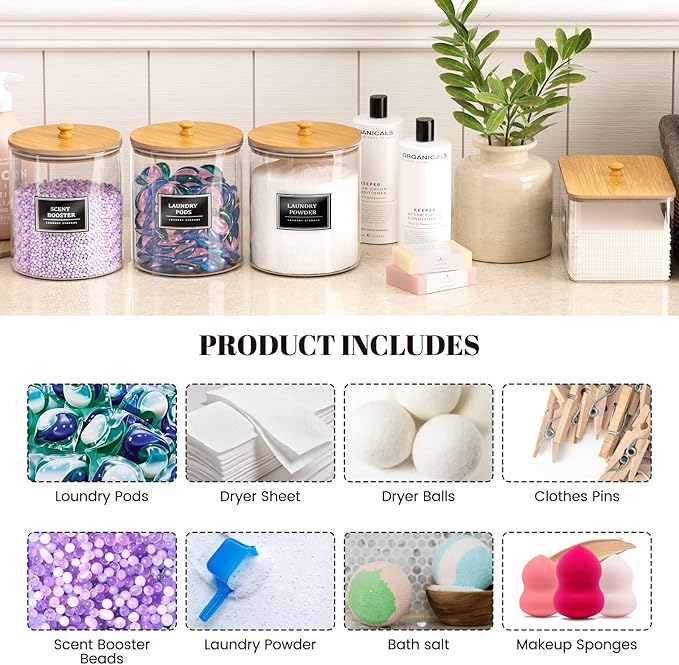 2 Pack Glass Laundry Pods Container, Clear Laundry Room Organization Containers with Lids & Labels, Powder Laundry Detergent Container for Scent Booster, Powder